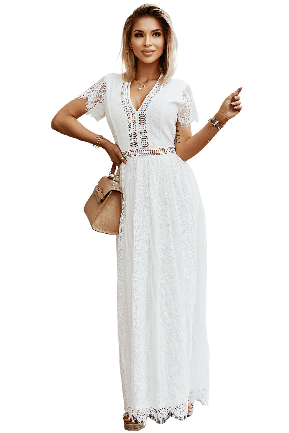 Elegant White Boho Lace Maxi Dresses