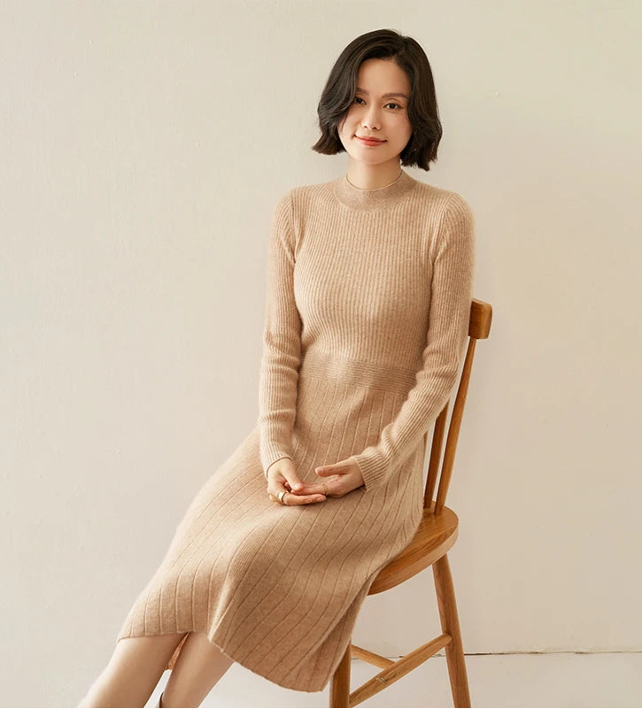 Long Cashmere Mock-Neck Slim Dress