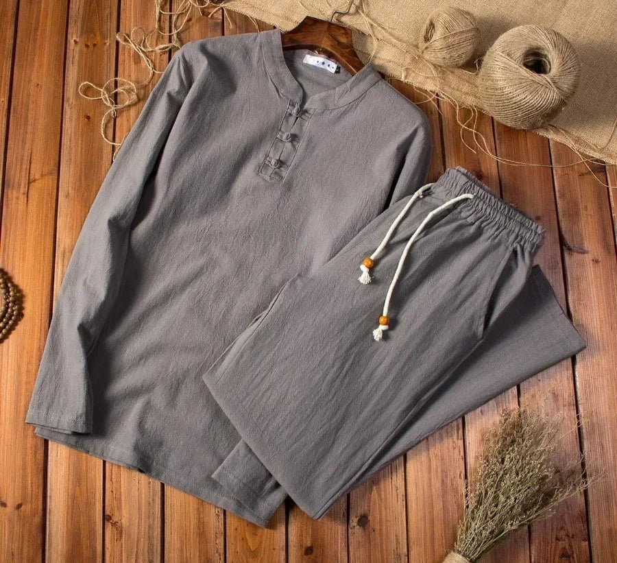 Cotton Linen  Men's Long-sleeved Shirt & Pants