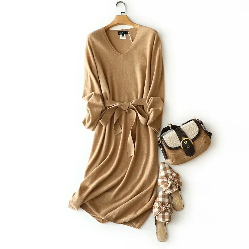 Sweater Seamless Dresses V Neck 100% Cashmere