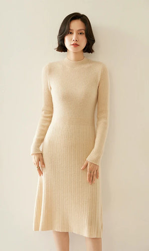 Long Cashmere Mock-Neck Slim Dress