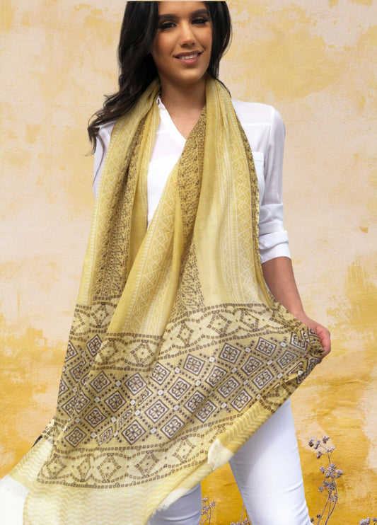 Gold Hand Painted Wool And Silk Blend Scarf